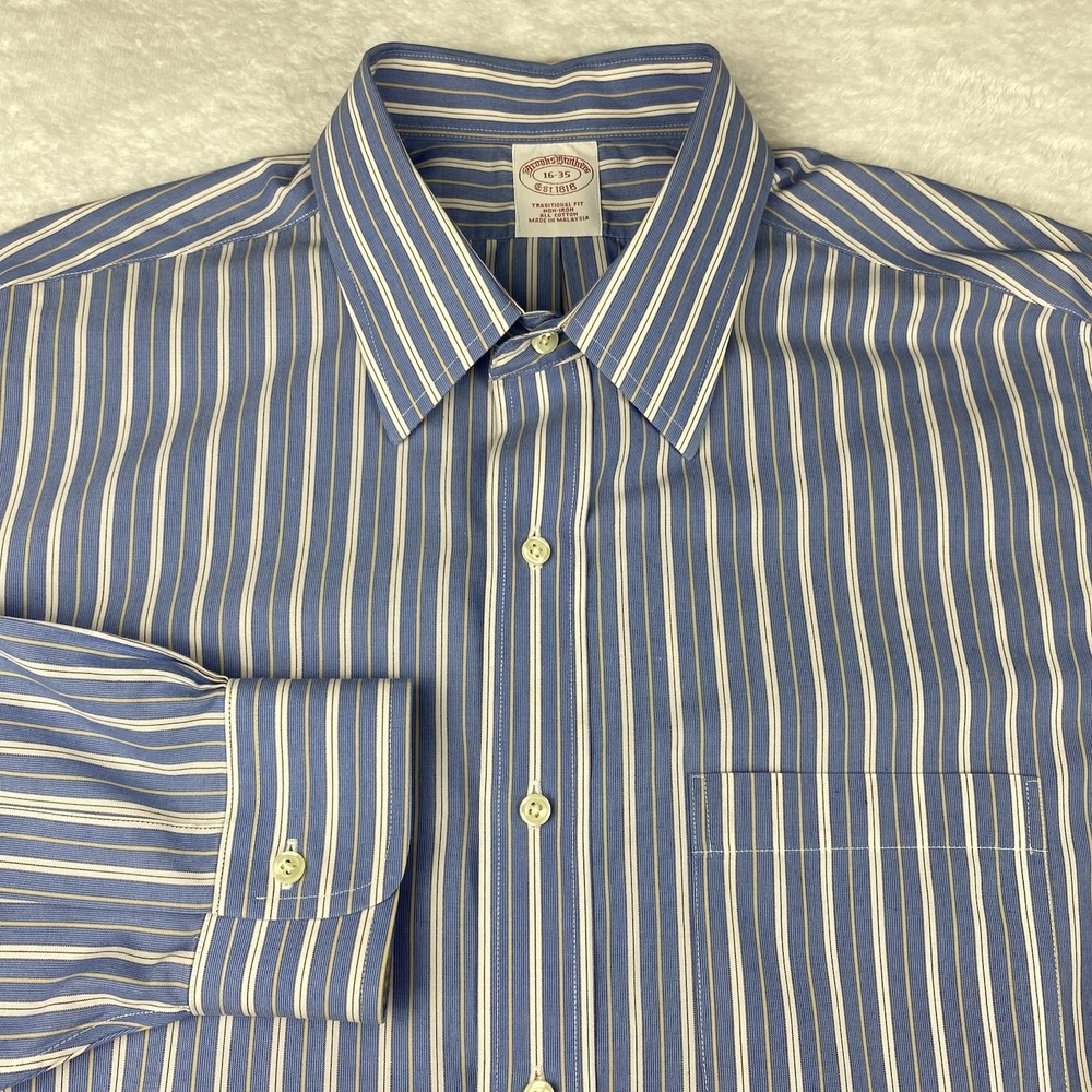 Brooks Brothers Dress Shirt Mens 16-35 Blue w/White-Gold Stripes Traditional Fit